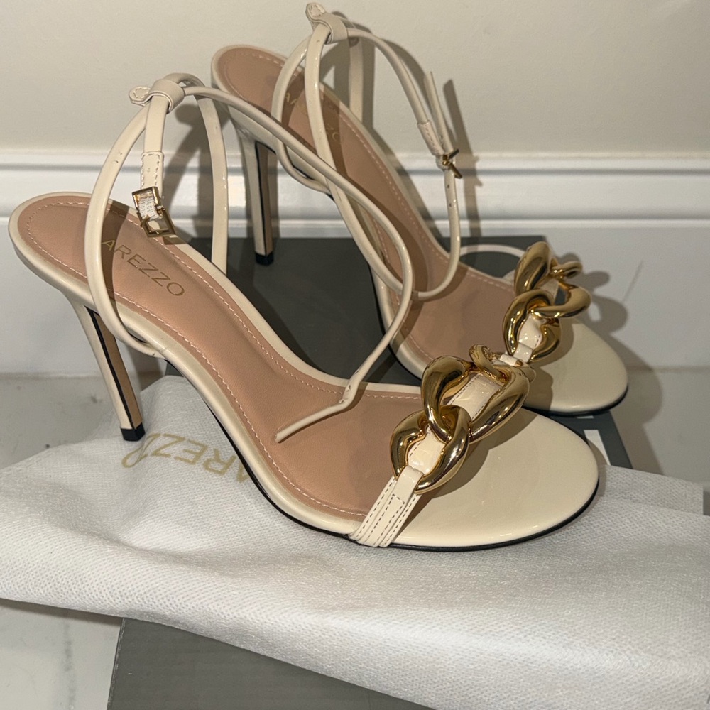 Arezzo Cream Stiletto Sandals with Gold Chain Accent